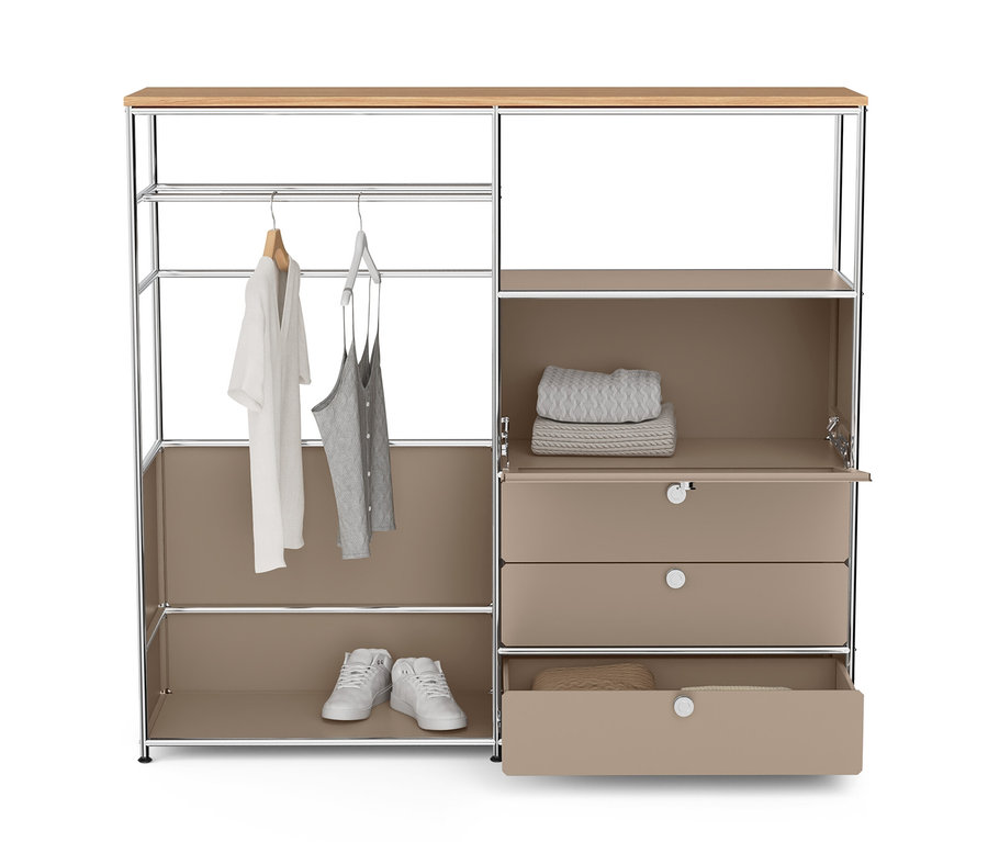 Commode en métal « CN3 » taupe avec plateau en bois, tringle, abattant, trois tiroirs, vêtements et chaussures.