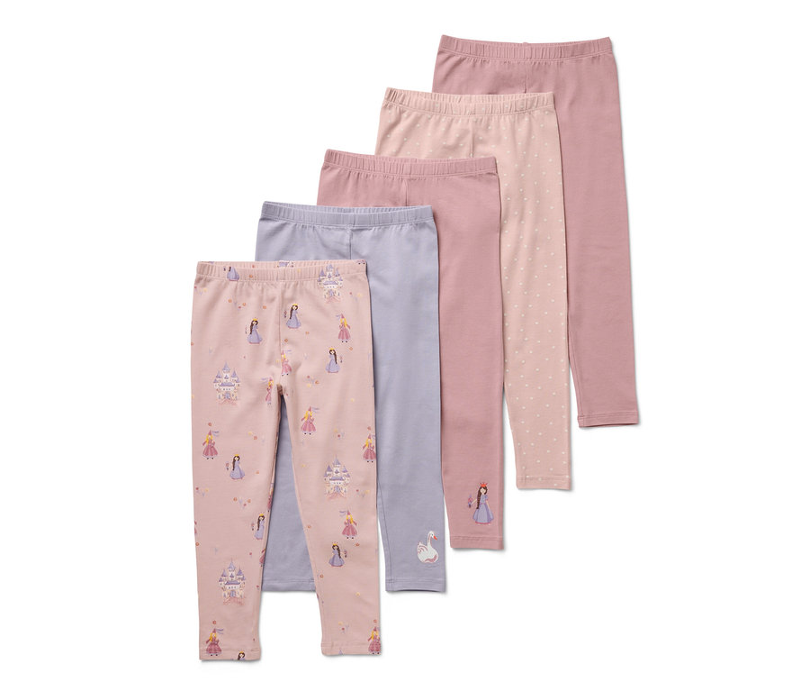 Cinq leggings pour enfant, motif princesse, de différentes couleurs.