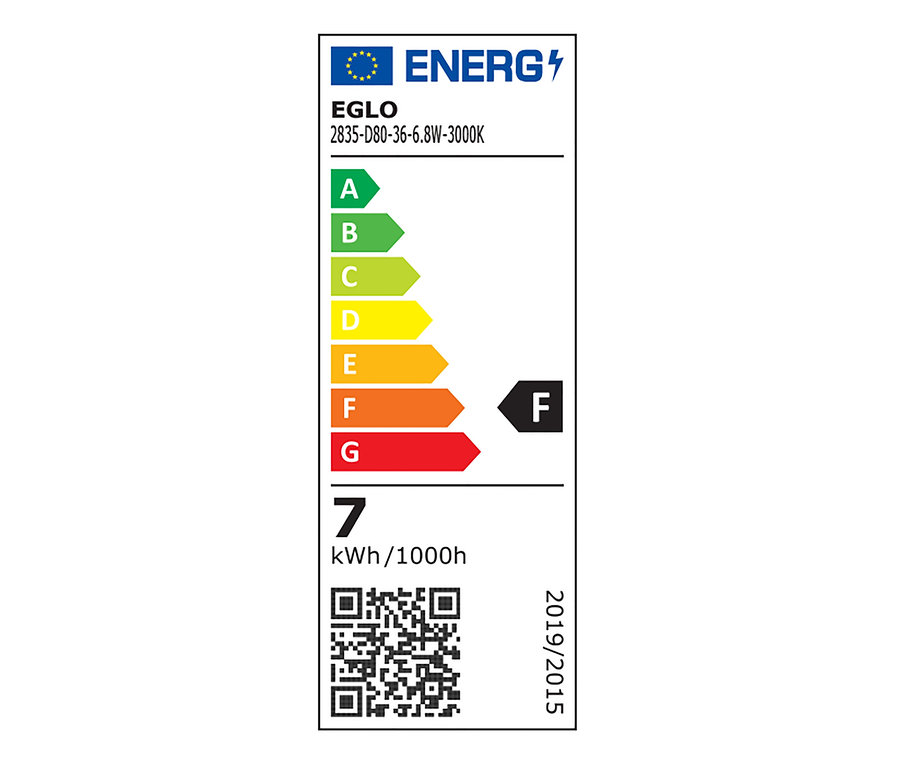 Étiquette énergétique de la lampe suspendue LED, 4 feux, classe énergétique F, 7 kWh/1000h.