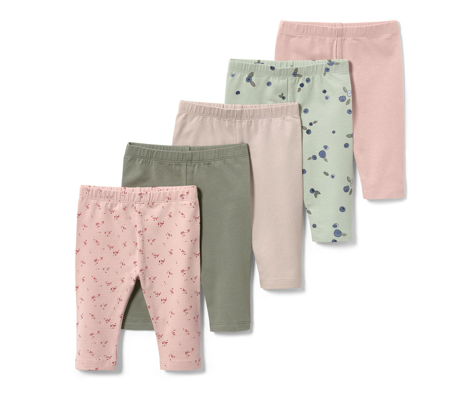 Cinq leggings capri pour enfant, myrtille dans les couleurs : rose, vert clair avec imprimé myrtille, beige, vert olive et rose avec imprimé floral.