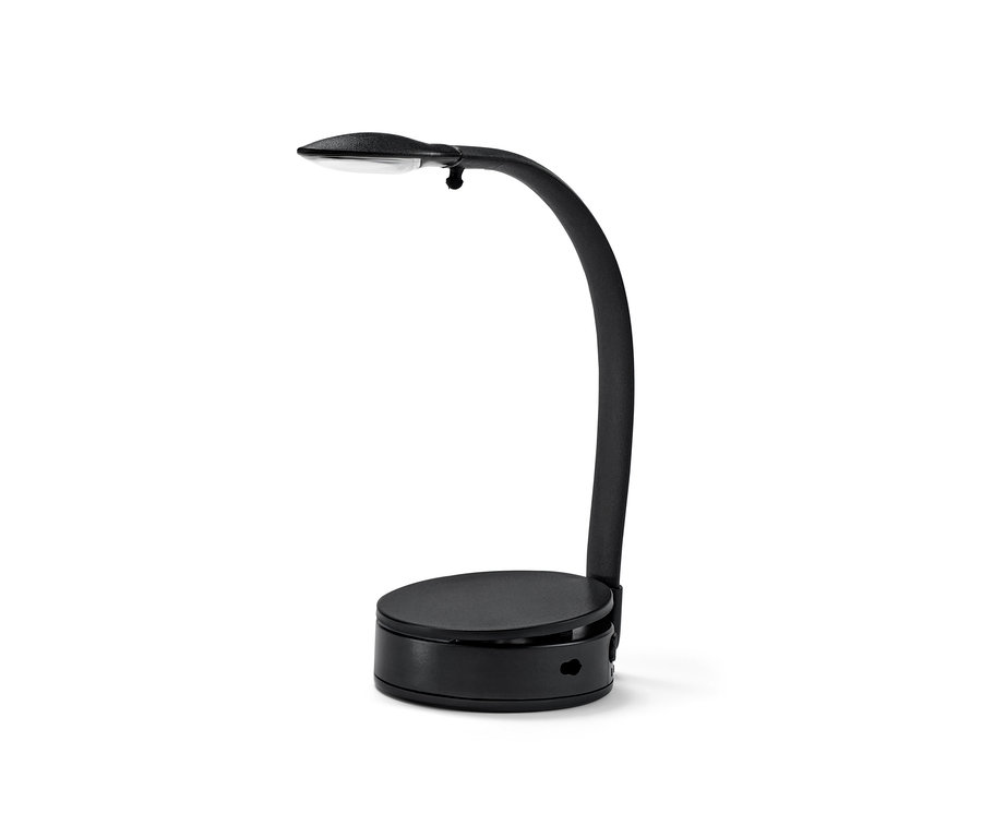 Lampe de lecture LED noire avec bras incurvé et base ronde.