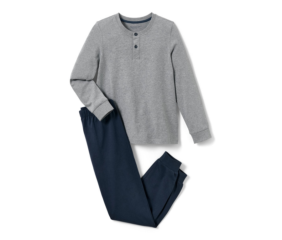 Pyjama pour enfant gris à manches longues et pantalon bleu marine.