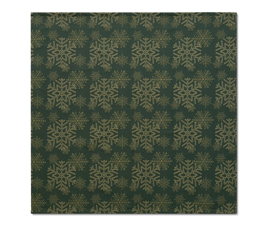 Nappe en jacquard verte avec des flocons de neige dorés.