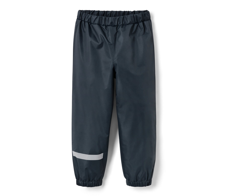 Pantalon de pluie pour enfant bleu foncé avec bande réfléchissante sur la jambe.