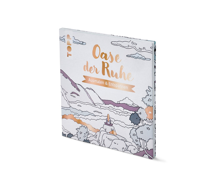 Livre illustré « Oase der Ruhe – ausmalen und entspannen » (oasis de calme – colorier et se détendre, en allemand).