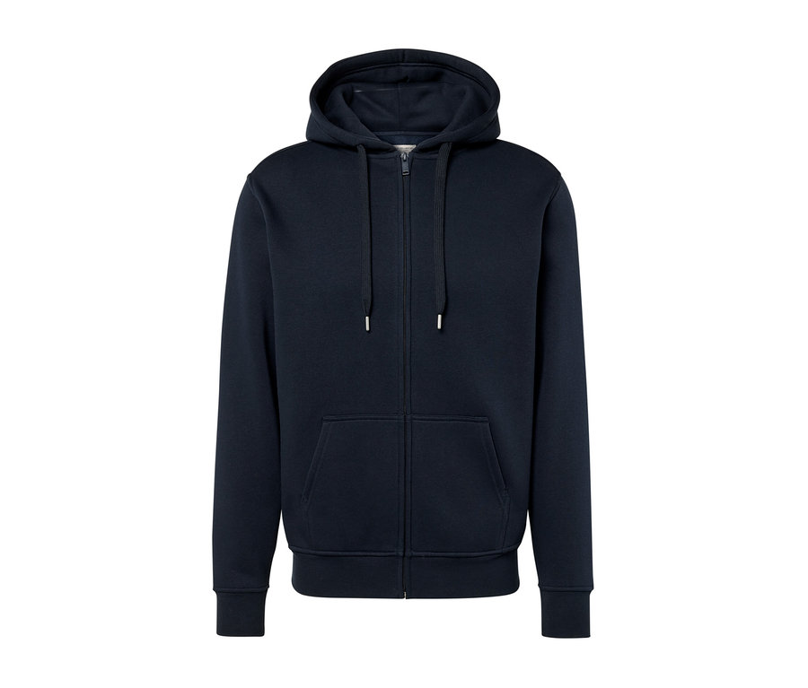 Un sweat à capuche bleu marine avec une fermeture éclair au centre.