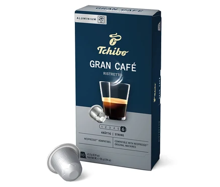 Un paquet de Gran Café Ristretto, 10 capsules de Tchibo. Sur le paquet, une tasse de ristretto est représentée.