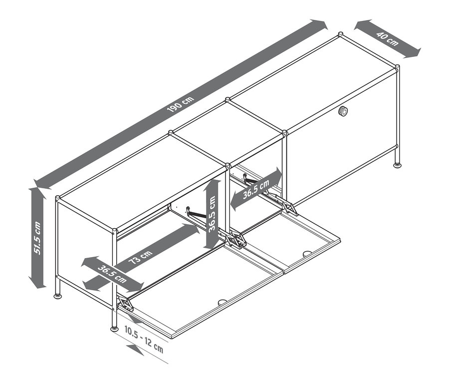 Schéma d'un meuble bas « CN3 » avec 3 abattants, avec indications de dimensions.