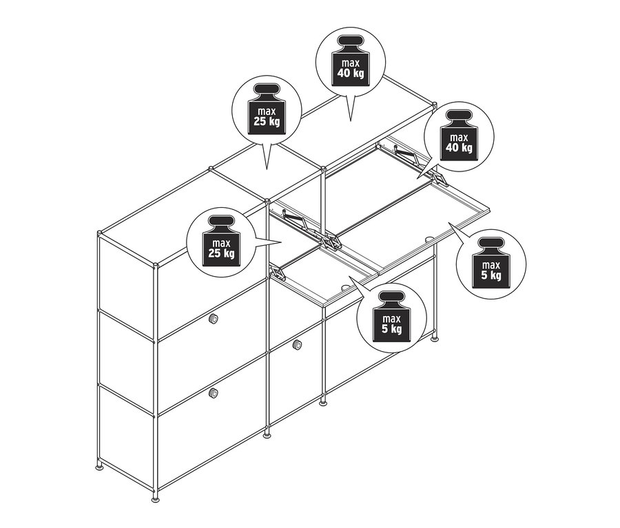 Schéma d'une commode modulaire « CN3 » avec abattants ouverts et fermés et limites de poids maximales.