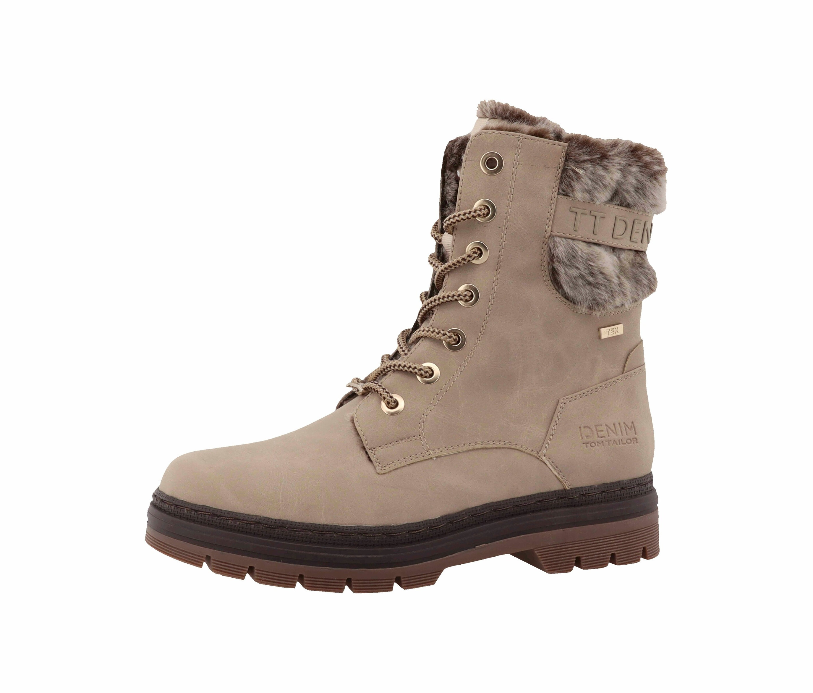 Une bottine à lacets Tom Tailor fourrée beige unique sur fond blanc.