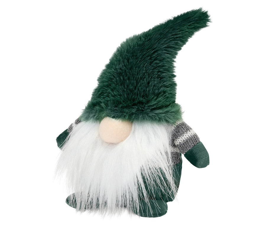Un petit lutin de Noël LED avec un chapeau vert en fourrure, une barbe blanche et un pull rayé.