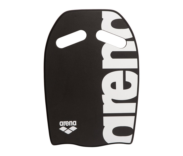 Planche de natation arena noire avec logo et inscription blancs.