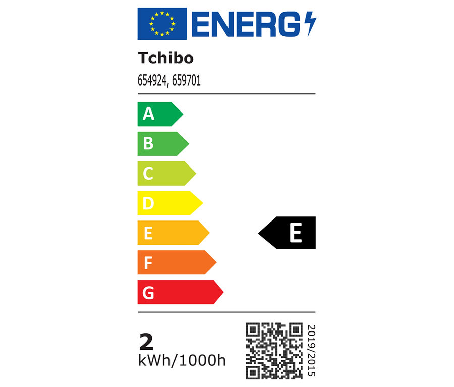 Étiquette énergétique Tchibo avec classe d'efficacité énergétique E.