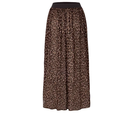 Une longue jupe marron avec un motif animalier et une taille noire.