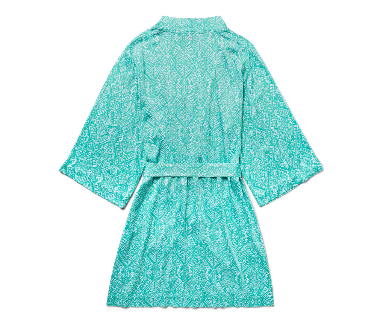 Robe de chambre turquoise à motif blanc, vue de dos.