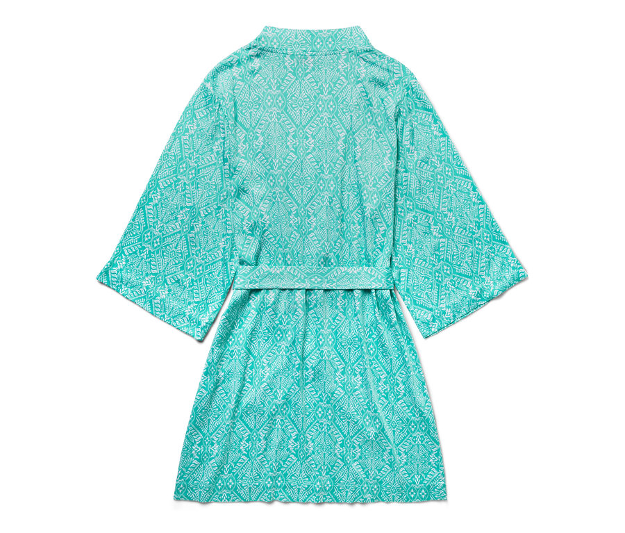 Robe de chambre turquoise à motif blanc, vue de dos.