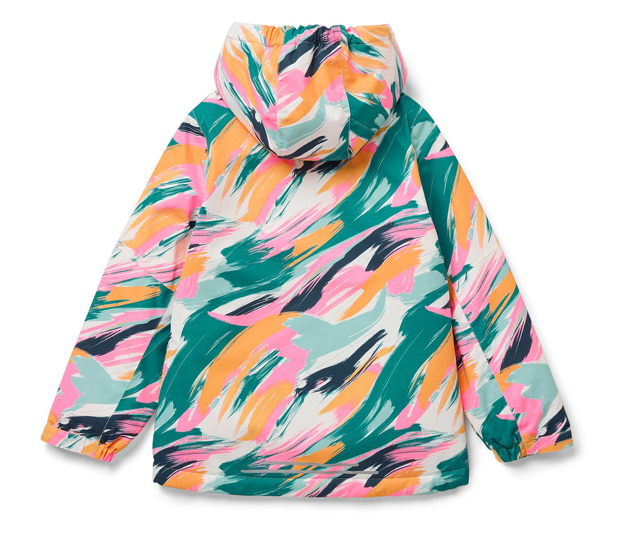 Une veste à capuche avec un motif de coups de pinceau dans les tons vert, orange, rose et bleu.