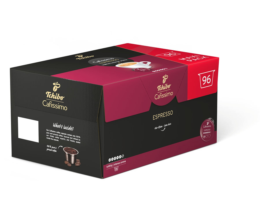 Paquet de 96 capsules Tchibo Cafissimo Espresso. L'emballage est noir, rouge et blanc.