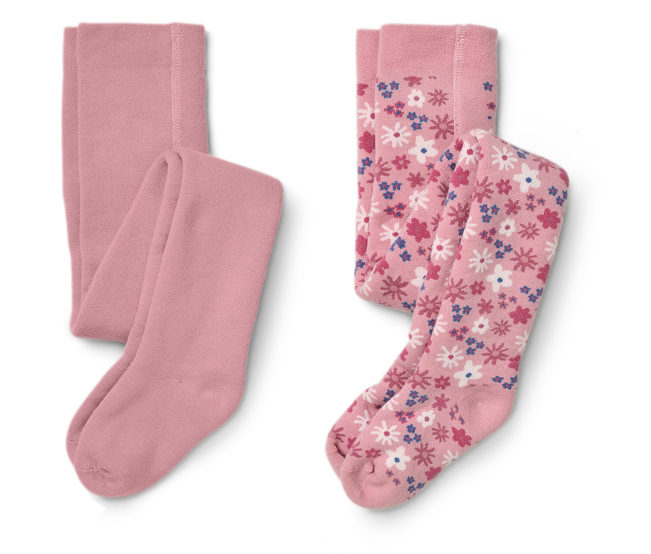 Deux paires de collants roses : une unie et une à motifs floraux.