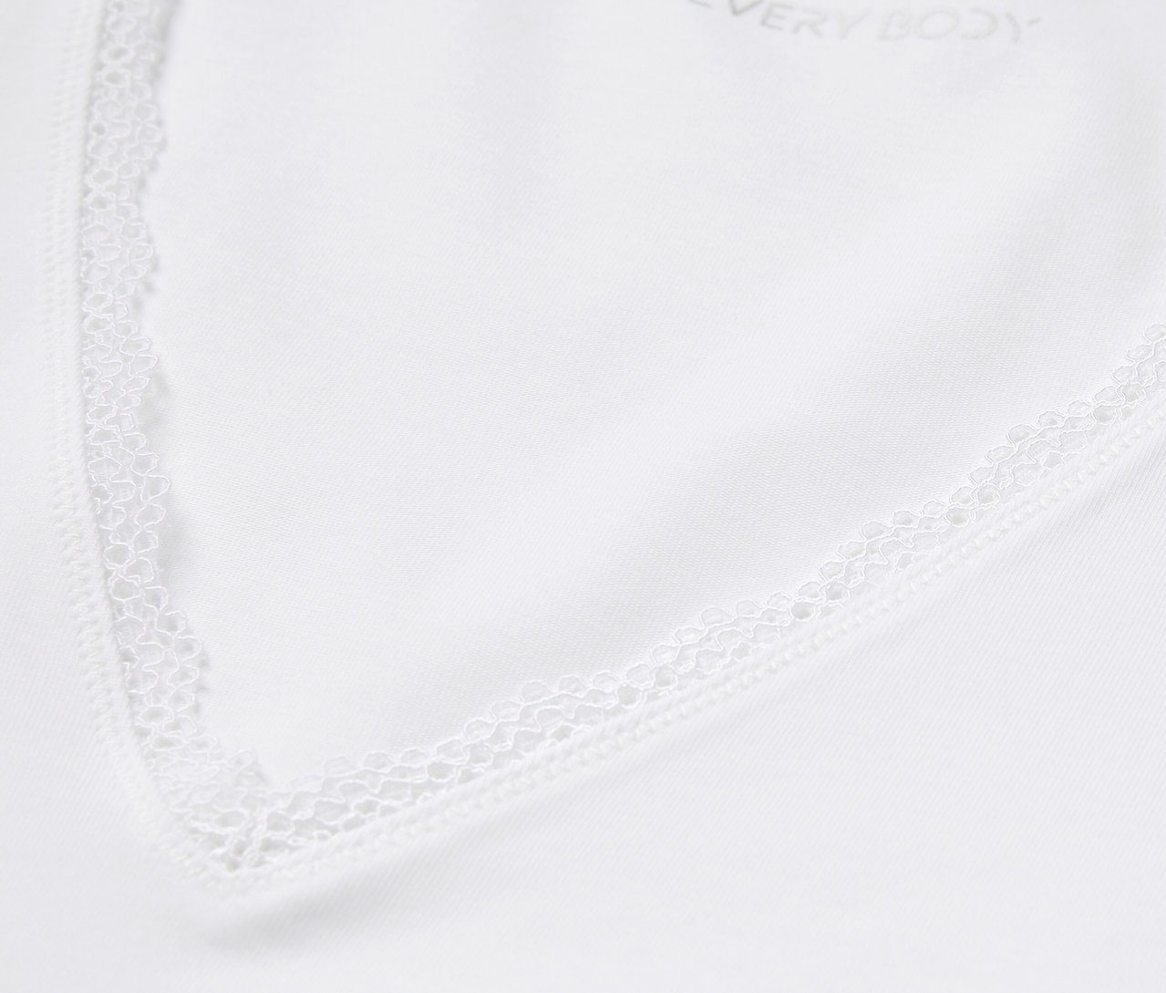 Détail d'un haut blanc avec bordure en dentelle.