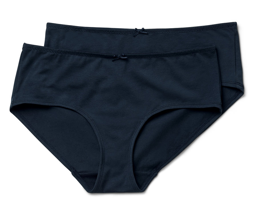 Deux culottes bleu marine pour femmes avec un nœud à la taille, posées sur un fond blanc.