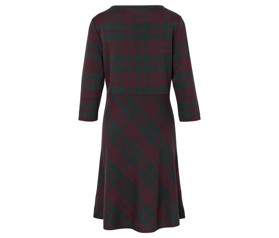 Vue arrière d'une robe à manches trois-quarts à rayures vertes et bordeaux.