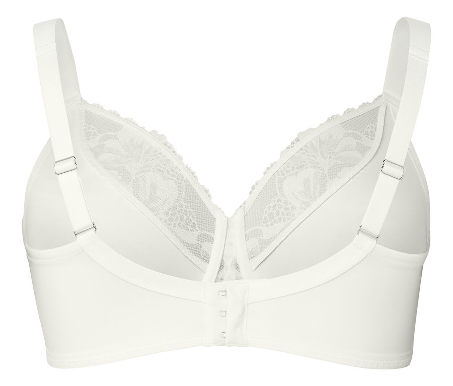 Vue détaillée de l'arrière d'un soutien-gorge blanc avec des détails en dentelle.