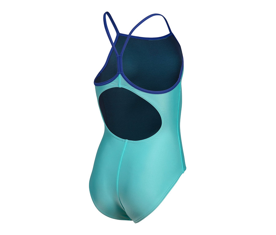 Vue arrière du maillot de bain pour enfants Arena Feel Light Drop Back Solid en turquoise avec des bretelles bleues.