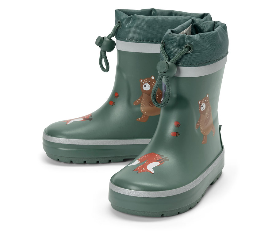Bottes de pluie vertes pour enfants avec motif ours et renard.