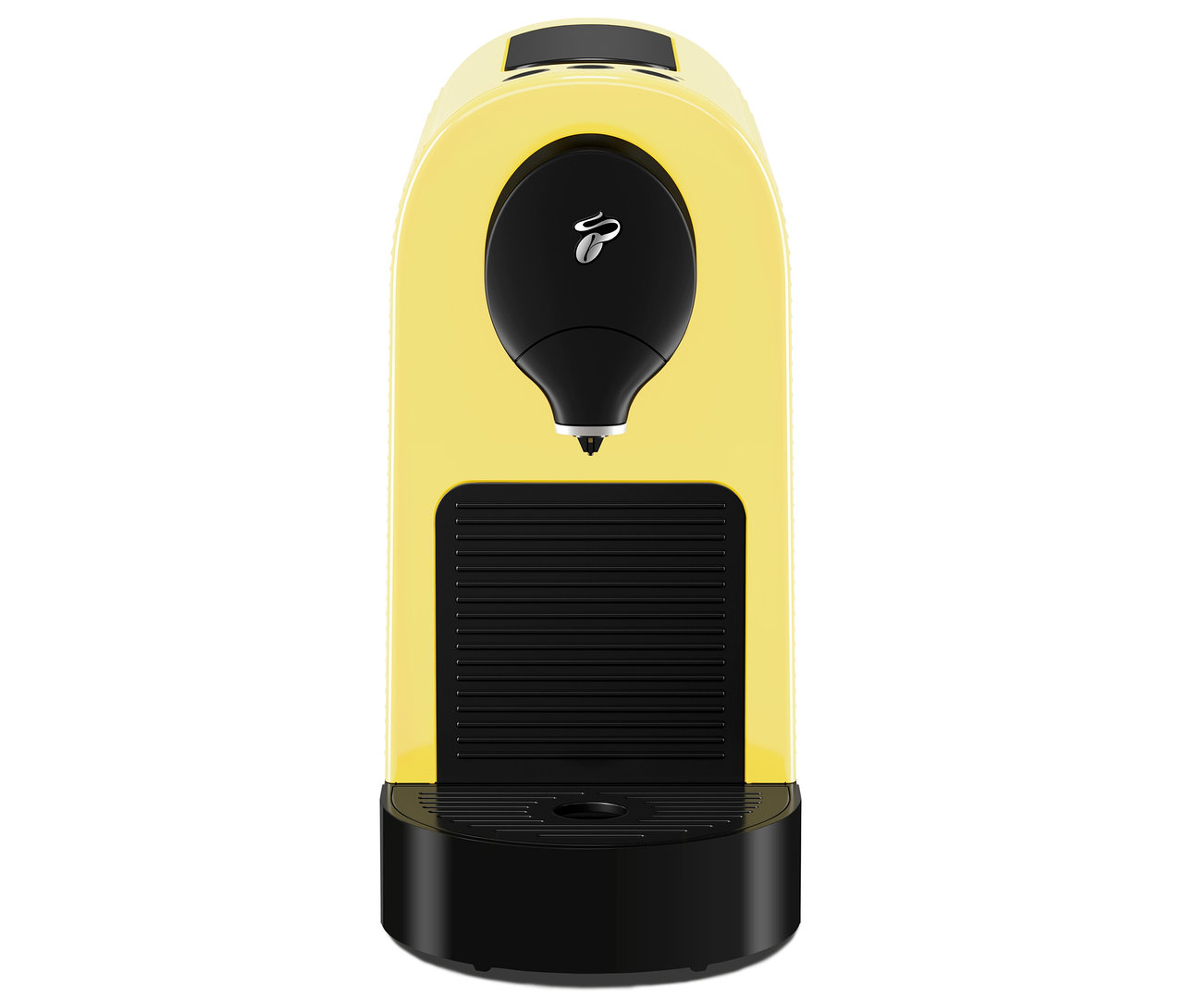 Machine à café à capsules jaune avec bec verseur noir et bac d'égouttement.