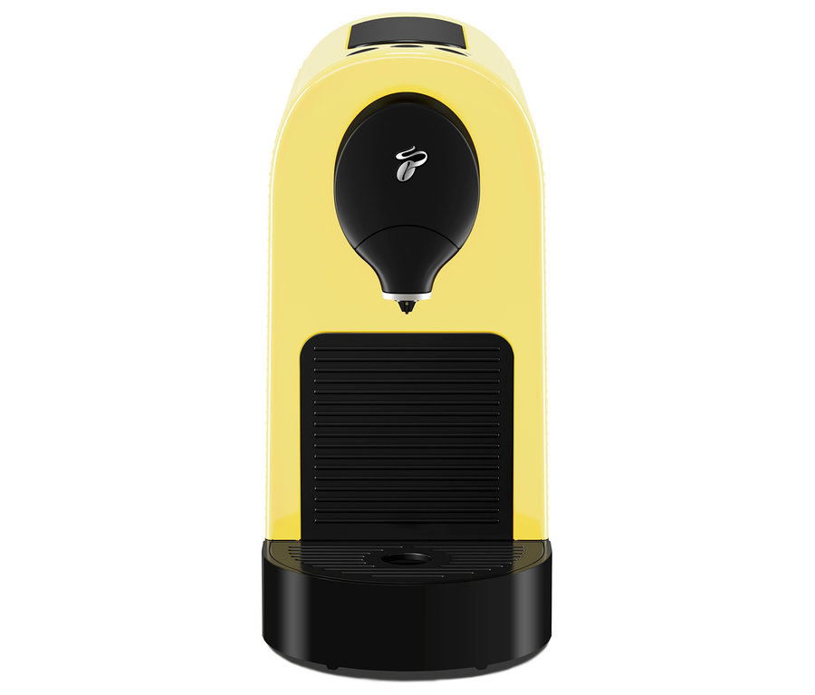 Machine à café à capsules jaune avec bec verseur noir et bac d'égouttement.