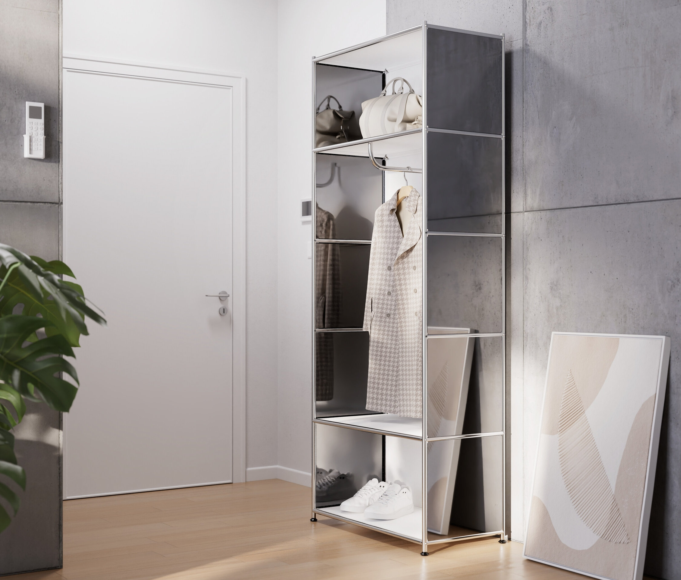 Garde-robe en métal « CN3 » avec tringle à vêtements, sacs à main et chaussures.