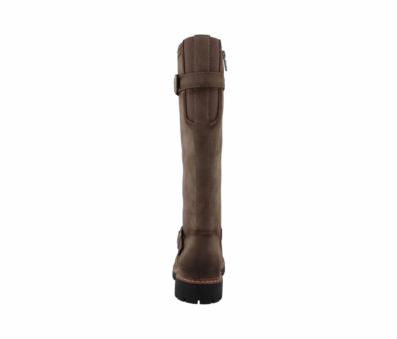 Une botte en cuir marron hauteur genou avec des boucles et une fermeture éclair.