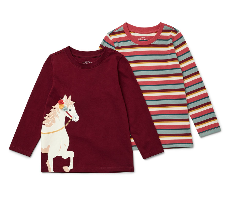 Deux t-shirts à manches longues pour enfants, un bordeaux avec un cheval blanc, l'autre rayé.