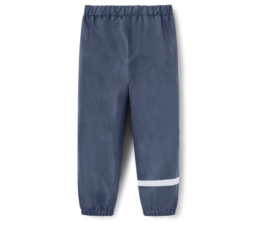 Pantalon de pluie bleu avec taille élastique et bande réfléchissante sur la jambe.