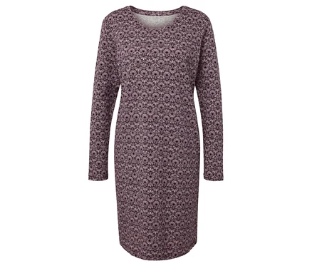 Vue intégrale d'une robe violette à motifs à manches longues.