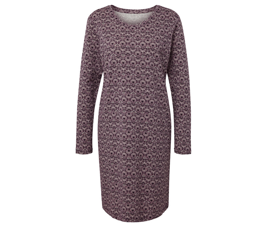 Vue intégrale d'une robe violette à motifs à manches longues.