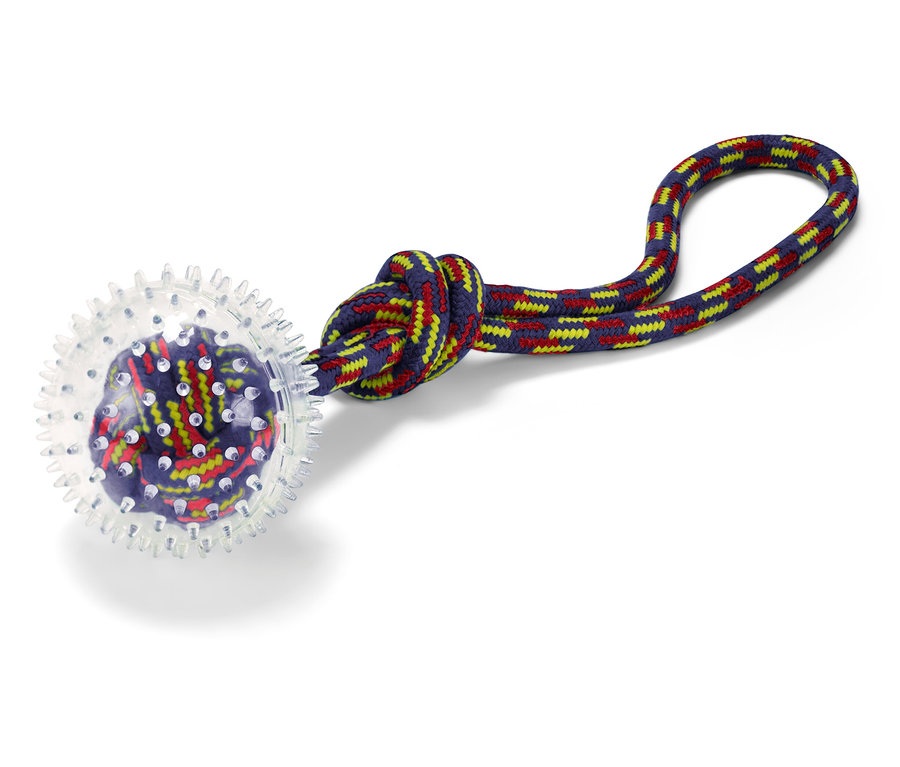 Jouet pour chien avec une boule transparente et une corde colorée.