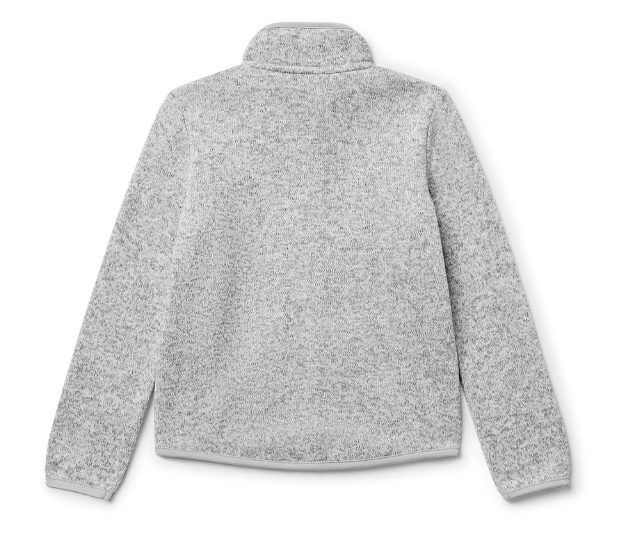 Vue arrière d'un pull en polaire gris avec un col montant.