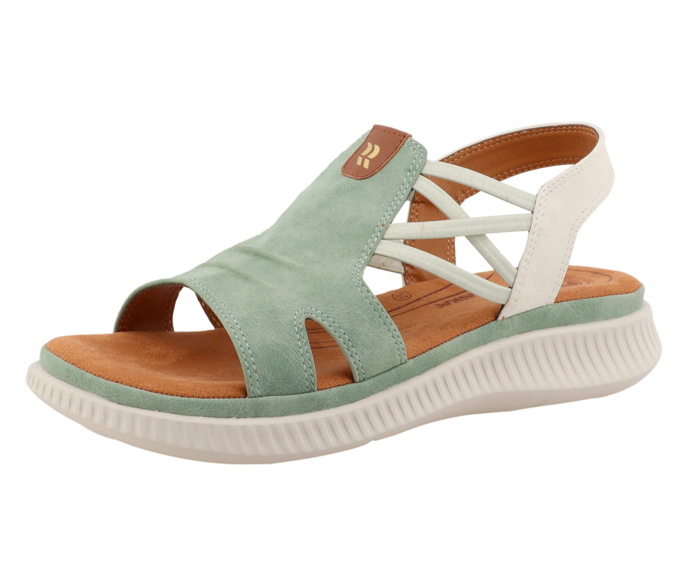 Sandale vert clair avec brides croisées et contrefort blanc.