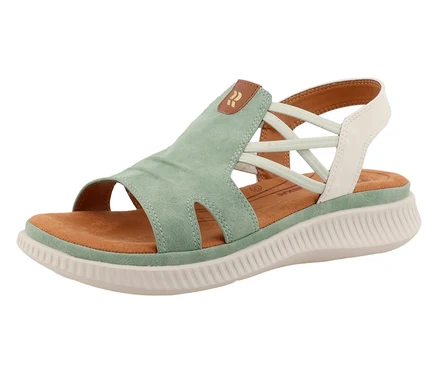 Sandale vert clair avec brides croisées et contrefort blanc.