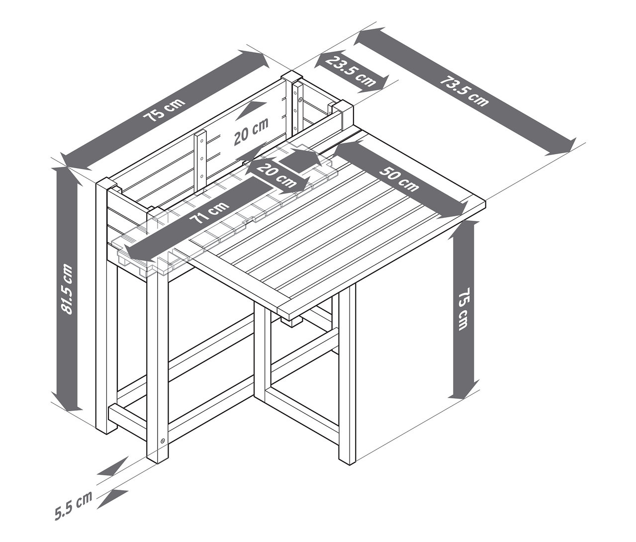 Dessin schématique détaillé d'une table de jardin avec un supplément de jardinière et des dimensions en centimètres.