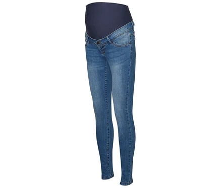 Gros plan sur un jean skinny de grossesse MAMALICIOUS « MLMILA » avec une ceinture de maintien marine.