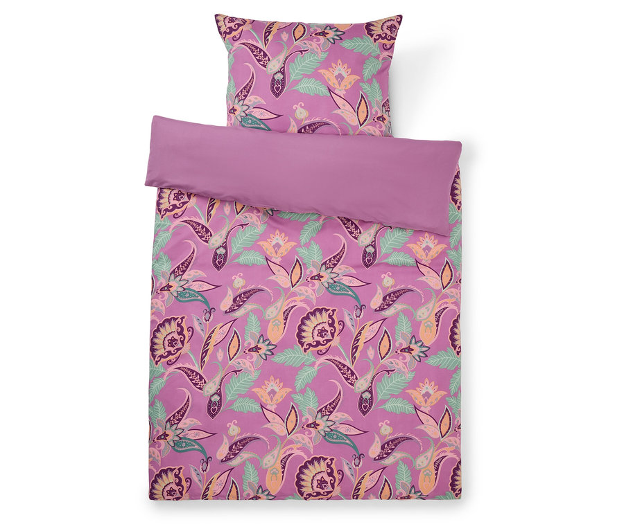 Ensemble de literie avec motif cachemire violet et taie d'oreiller assortie, vue de dessus.