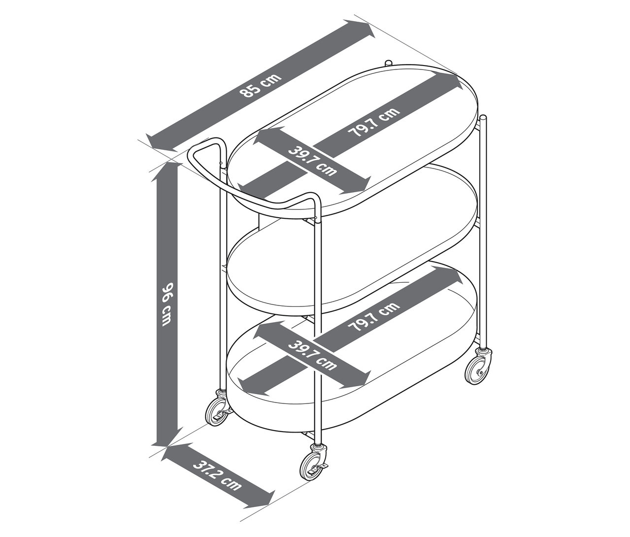 Illustration d'un chariot de service avec plateau, comprenant des informations sur les dimensions.