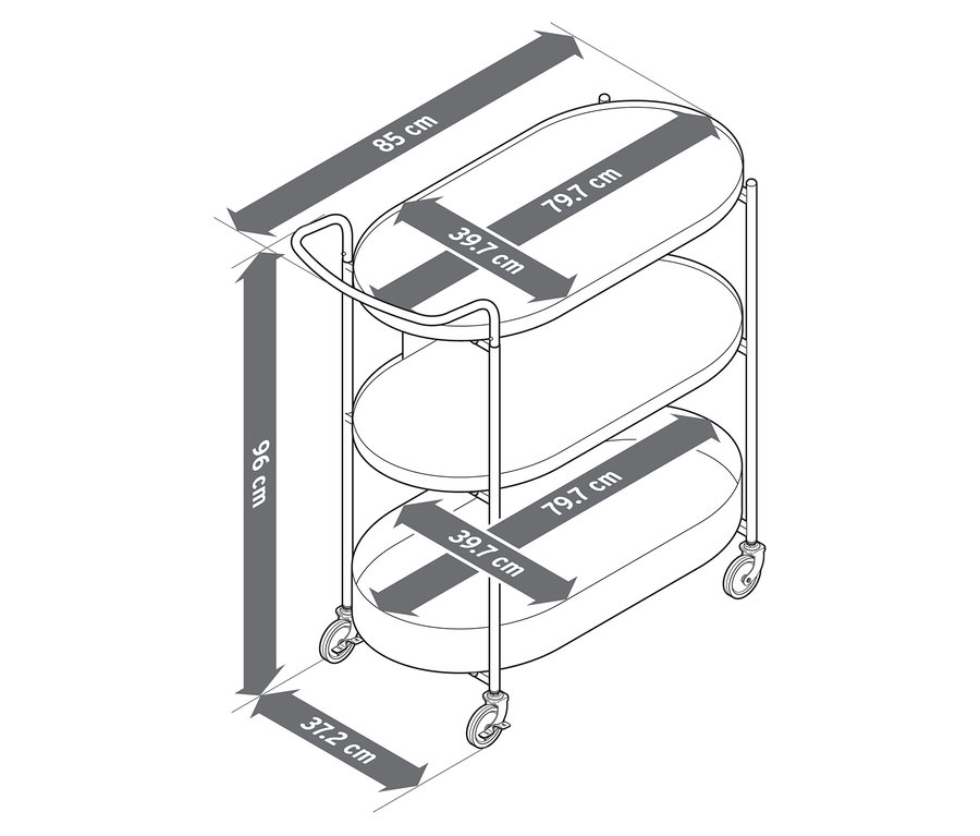 Illustration d'un chariot de service avec plateau, comprenant des informations sur les dimensions.
