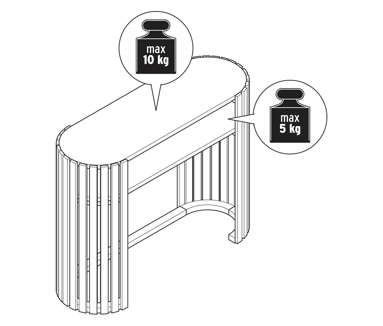 Schéma d'une console « HOLT » en bambou avec des éléments à lamelles et des indications de poids maximum.