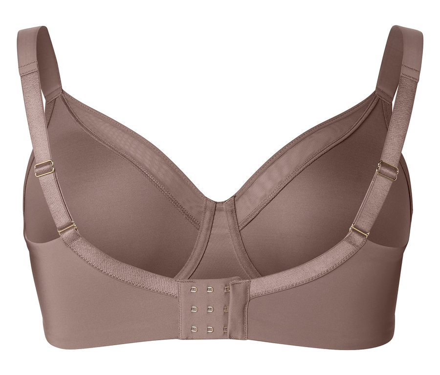 Gros plan sur le dos d'un soutien-gorge sans bretelles mauve avec fermeture à agrafes.