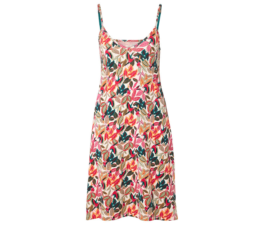 Robe à fines bretelles avec imprimé de feuilles.