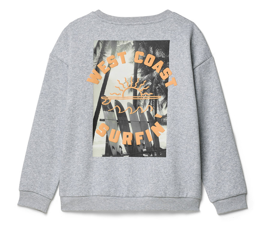 Pull gris avec imprimé de planches de surf, de palmiers et l'inscription 'West Coast Surfing' au dos.